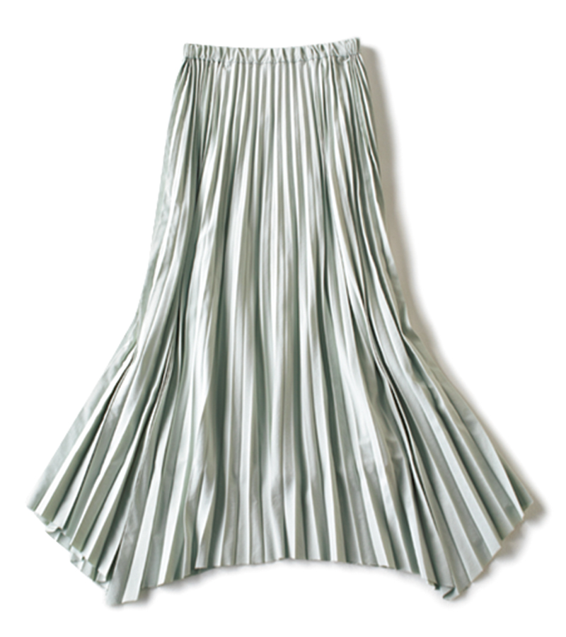 【G】ウエストゴムのプリーツスカート しめつけがなくシワにもなりにくい素材がおうちオシャレに最適。爽やかなアイスグリーン。￥27,000（サクラ／インターリブ）